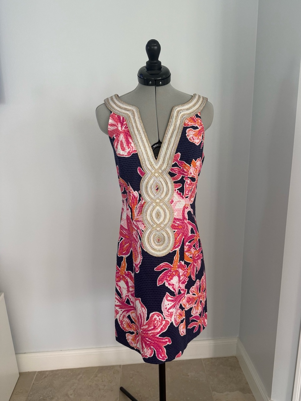 Lilly Pulitzer Valli shift tunic Via Sunny Bright Navy gold Sautache trim